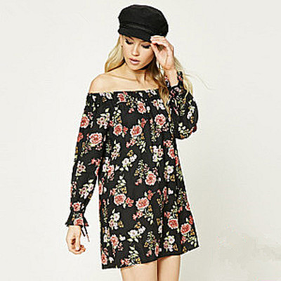 印花一字领长袖连衣裙