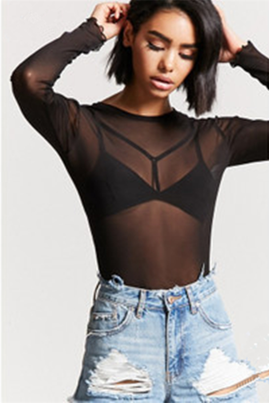 F21正品A-16-2-1-1时尚透视圆领长袖春夏女T恤159656