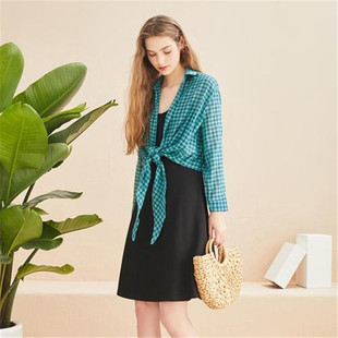 吊带连衣裙套装 衬衫 女夏600A3013 绑带格子长袖 拉系列专柜正品