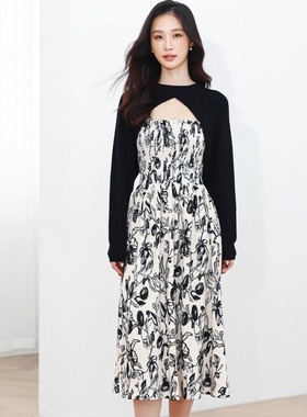 Mixblu麦斯兰专柜正品印花绒面吊带长裙针织套头衫两件套WXB33900