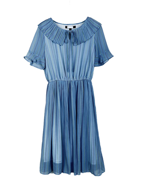 拉系专柜正品小清新复古圆领短袖条纹松紧腰A字连衣裙夏 2T001042