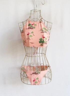 F21系列专柜正品C-4-7-1-3泡温泉印花挂脖度假风女分体泳衣257600