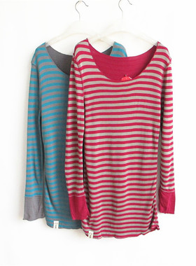 欧系列正品休闲打底条纹大圆领中长款T恤修身保暖内衣女RC70123