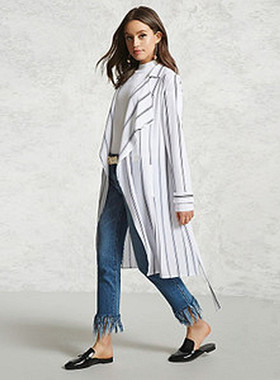 F21专柜正品B1-6-2-1竖条纹中长款风衣女外套 208901
