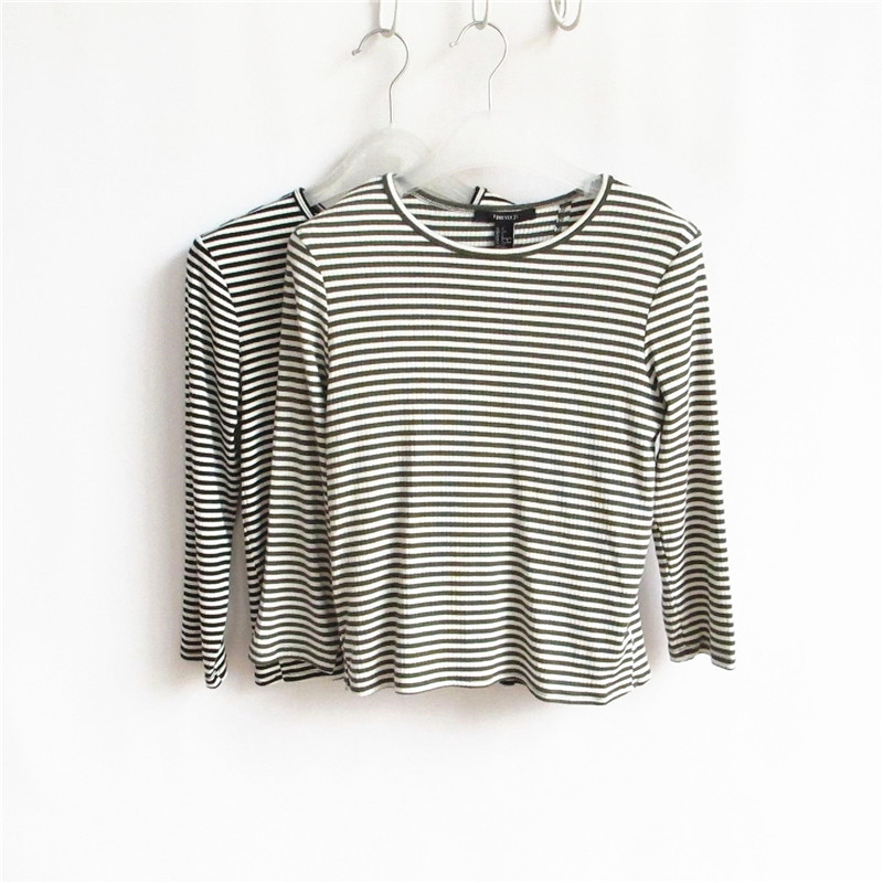 F21正品B-11-13-1-1条纹圆领七分袖开叉女T恤219044