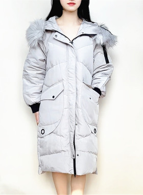包邮cache正品休闲连帽大毛条过膝加厚长款白鸭绒羽绒服女8819012