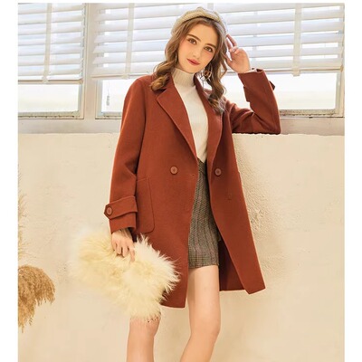 拉系列专柜正品休闲纯色双扣毛呢外套双面呢大衣女春秋冬60007049
