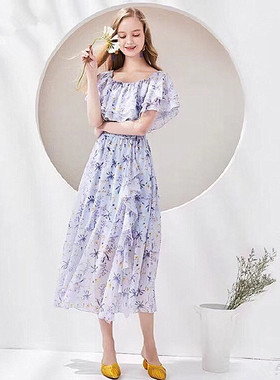 拉系专柜正品甜美一字领印花荷叶边高腰雪纺长裙连衣裙夏60007900