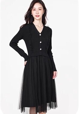 Mixblu麦斯兰专柜正品通勤V领长袖针织薄纱连衣裙春秋冬 WXA27808