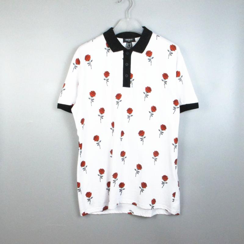 F21翻领短袖玫瑰满印POLO衫T恤