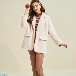 拉系列专柜正品 春秋冬女毛呢外套大衣60009153 唯美条纹仿貂绒西装