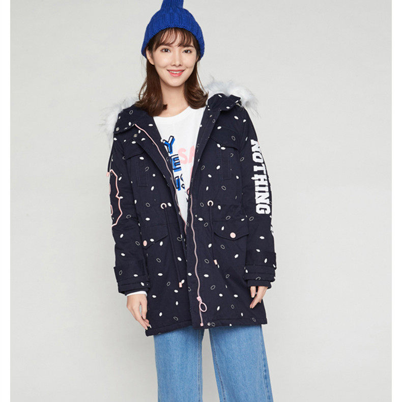 包邮艾格伊品正品连帽印花中长款夹棉棉服棉衣女冬外套 8A0332055