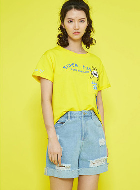 艾格伊品专柜正品休闲百搭破洞高腰翻边显瘦牛仔短裤女 8E0323027