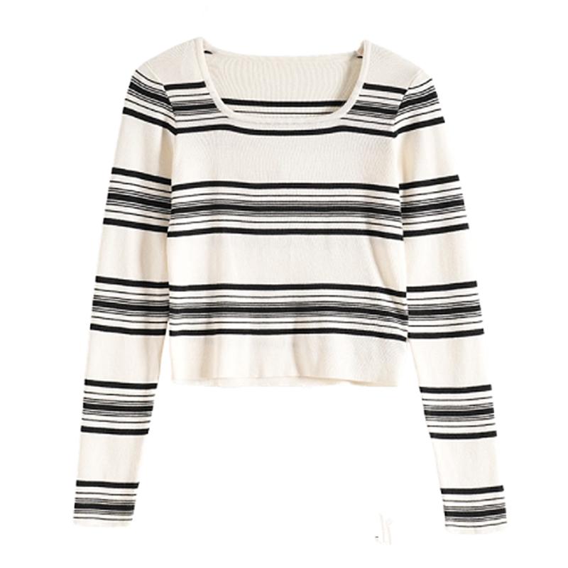 Mixblu麦斯兰专柜正品百搭条纹方领修身长袖针织衫女春秋WX83355B