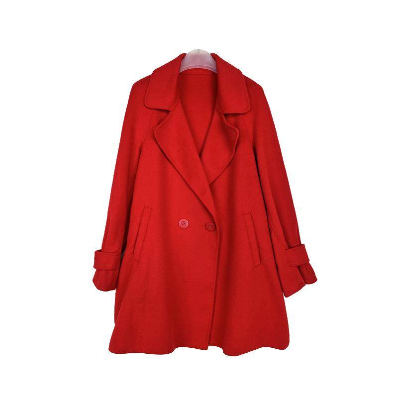 包邮拉系列正品中国红中长款79%羊毛呢外套双面呢大衣女 10015472