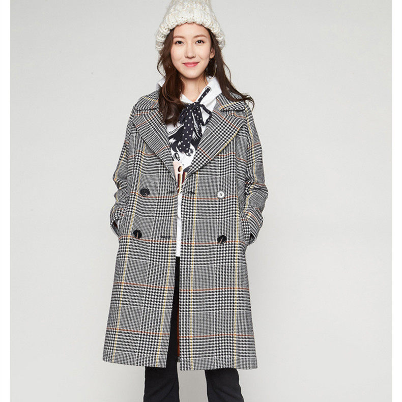 包邮艾格伊品正品长款千鸟格宽松冬大衣50%羊毛呢外套女8A0234007