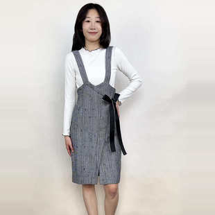 10019399 拉系列蝴蝶结20%羊毛呢过膝长裙背带连衣裙春秋冬 包邮