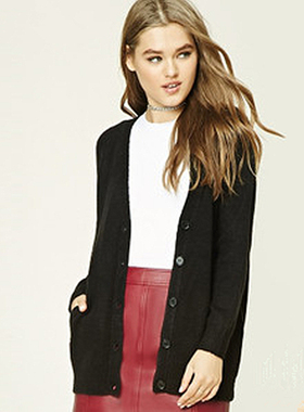 F21正品中长款V领开衫春秋外套针织衫厚毛衣女230422