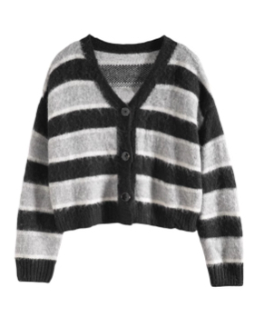 Mixblu麦斯兰专柜正品条纹V领长袖宽松针织开衫女短外套 BXB61603