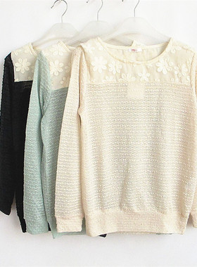 好俪姿honeys专柜正品蕾丝镂空圆领春秋线衣薄针织衫女 593111061