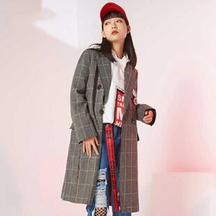 8A0234022 大衣秋冬毛呢外套女 艾格伊品正品 休闲毛边格子及膝长款