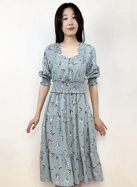 拉系列专柜甜美方领短袖豹纹高腰春夏过膝长裙连衣裙60008954