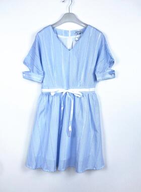 cache正品甜美通勤V领短袖高腰蝴蝶结竖纹A字短裙连衣裙夏7316052