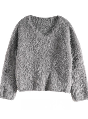 Mixblu麦斯兰专柜正品长毛V领宽松纯色毛衣针织衫女春秋 WW161200