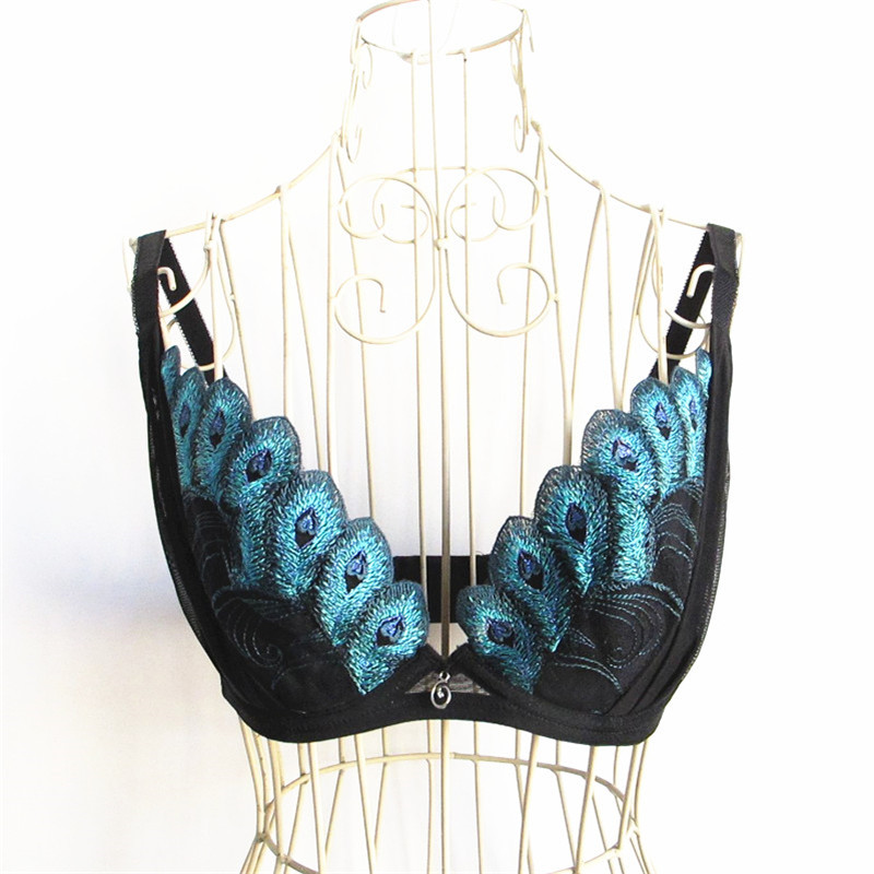 孔雀翎刺绣薄棉杯胸罩内衣