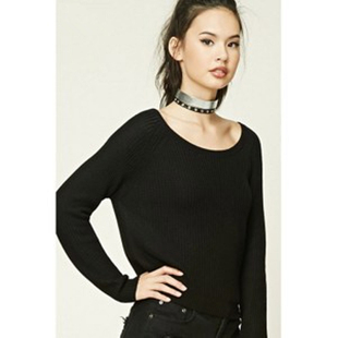 F21专柜大圆领套头宽松52%棉质短款针织衫薄毛衣女春秋213089
