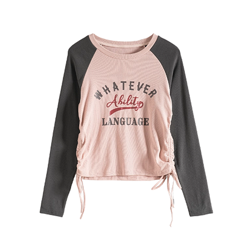 Mixblu麦斯兰专柜正品圆领插件长袖绑带收腰棉T恤女春秋 WXA02850