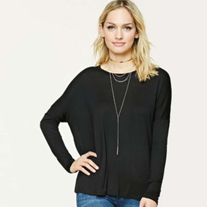 圆领长袖宽松纯色T恤女