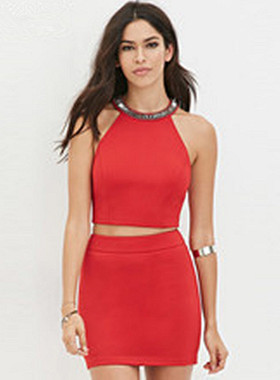 F21专柜正品极简拉链装饰纯色舒适松紧腰裹身裙短裙半身裙 182125