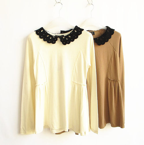 正品少女翻领花边收腰长袖t恤