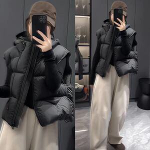 白鸭绒轻柔泡芙蓬松连帽羽绒服马甲女短款保暖轻薄百搭坎肩外套潮