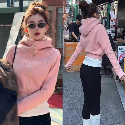韩版拉链短款连帽卫衣外套女