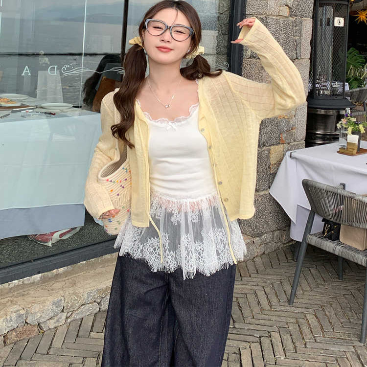 2025新款夏季防晒吊带外套开衫女薄款外搭防晒罩衫针织黄色上衣