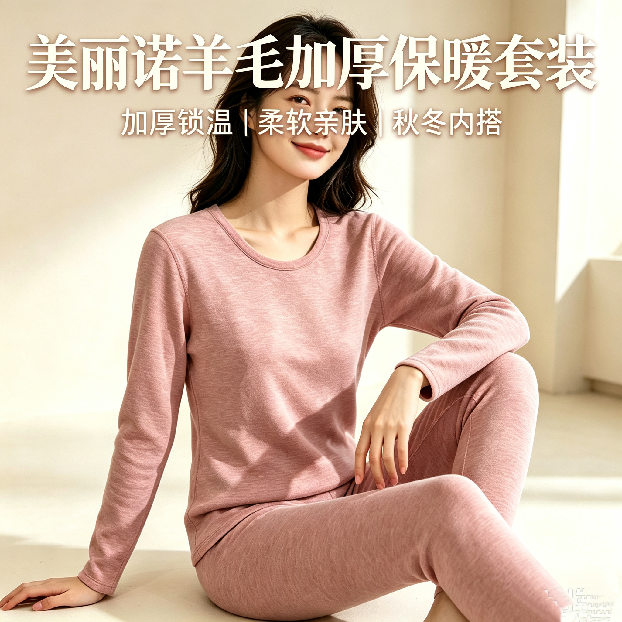 都市轻奢美丽诺羊毛加厚保暖套装280克双面磨毛发热秋衣秋裤大码p