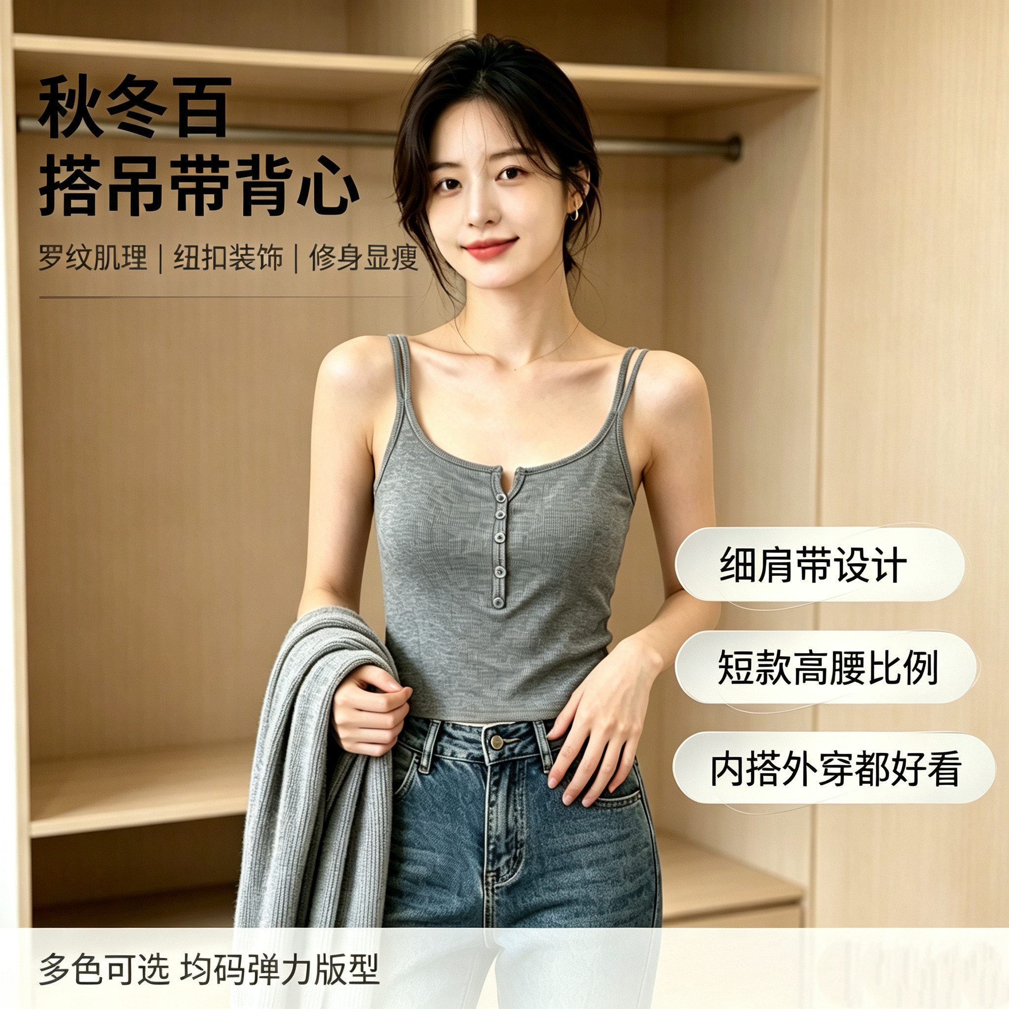 秋冬亨利纽扣一体式固定杯发热保暖吊带罗纹背心蚕丝暖肤衣h8201