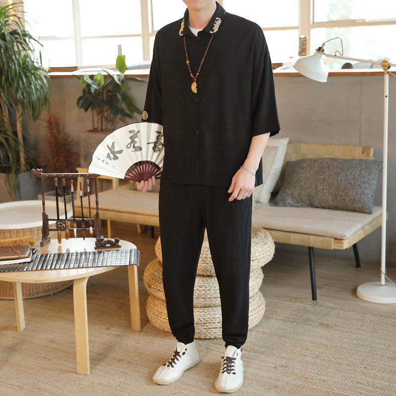 夏季男士立领刺绣棉麻汉服套装