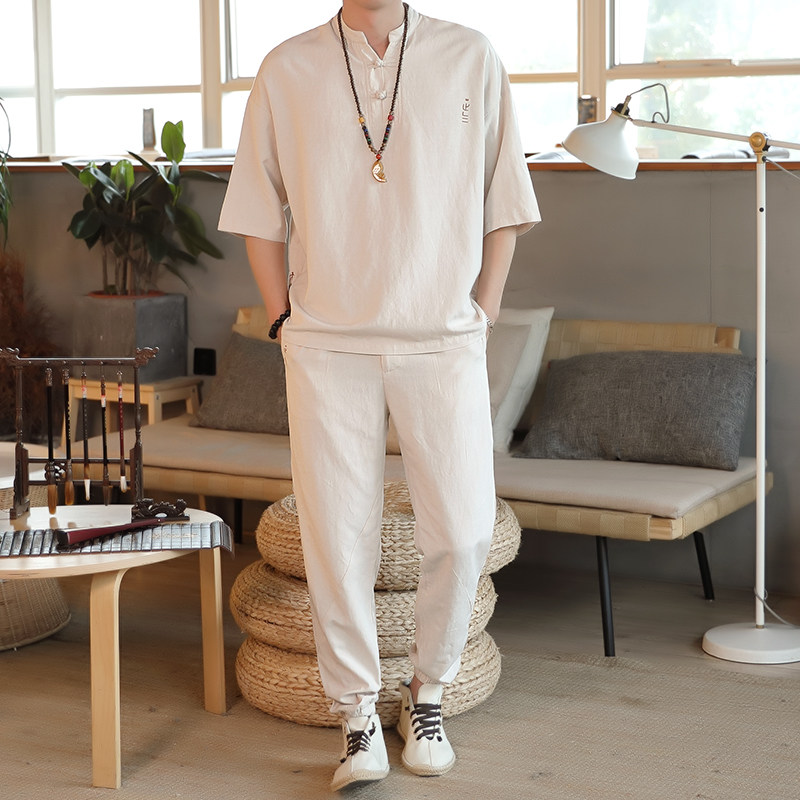 新中式男夏季棉麻汉服套装