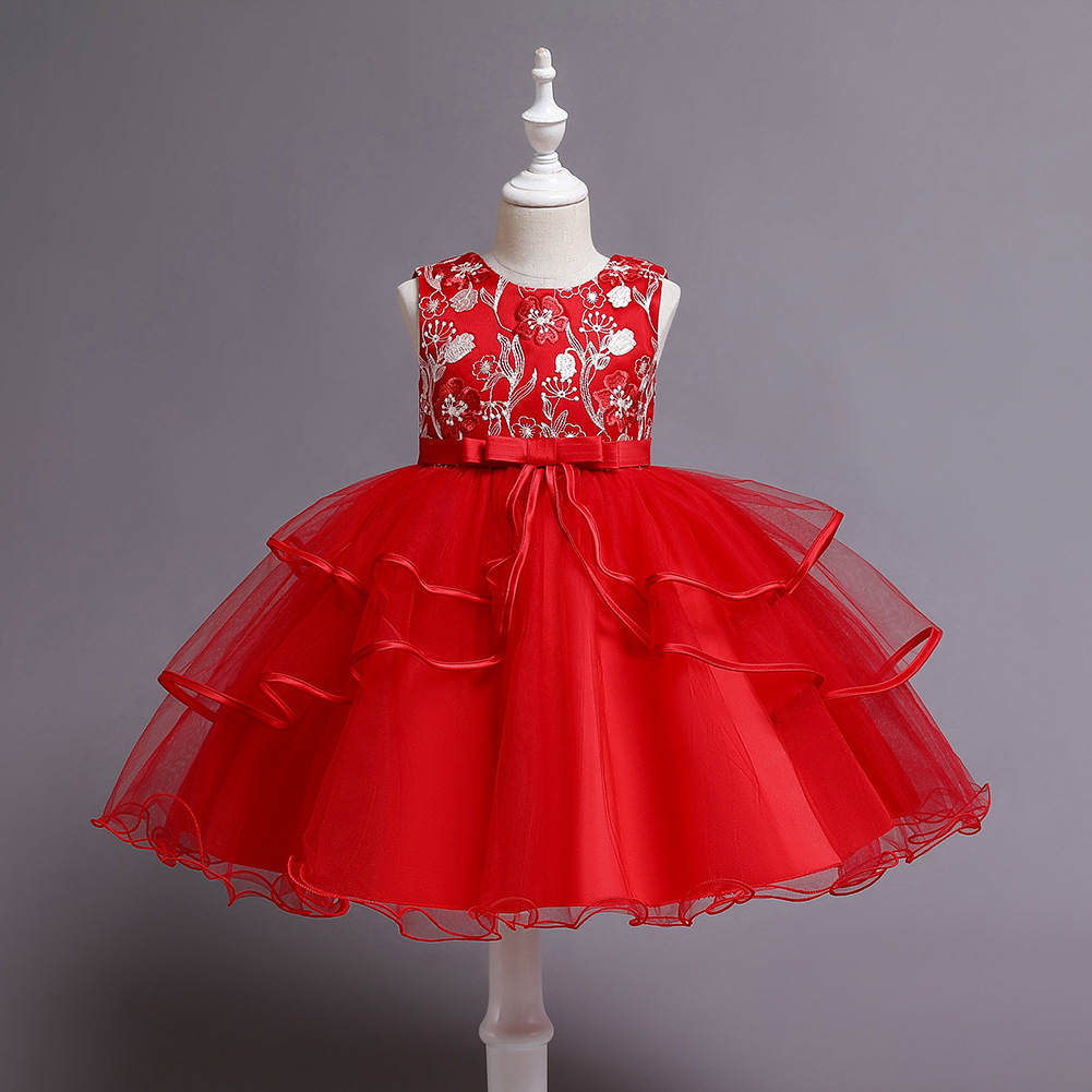 女童高端礼服花童红色公主裙主持人连衣裙生日幼儿园演出服蓬蓬裙
