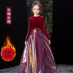 女大童高端大码红色礼服丝绒公主裙婚纱裙蓬蓬纱主持人钢琴演出服