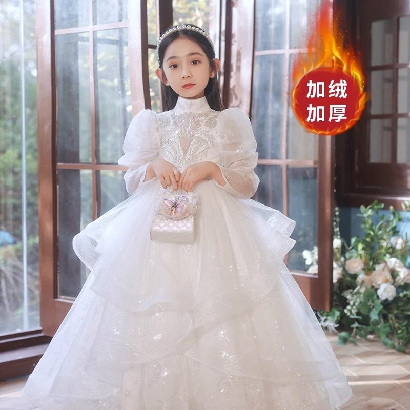 女大童大码胖加绒加厚礼服公主裙生日走秀主持人婚纱裙钢琴演出服