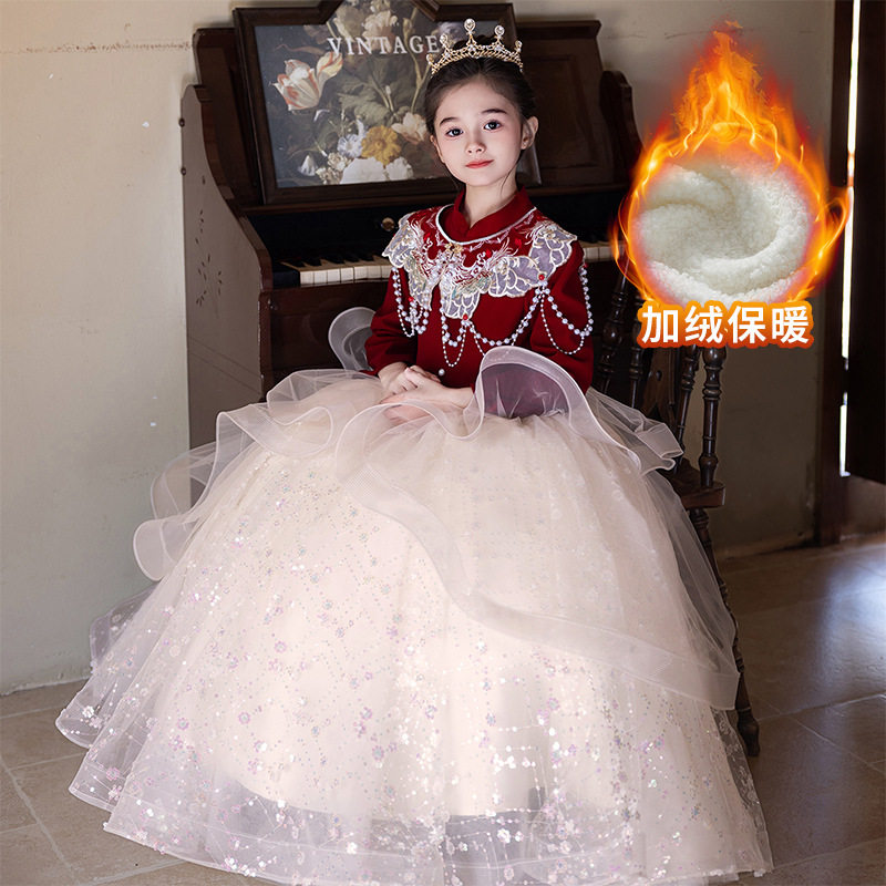 大码加肥胖女童礼服2026秋冬加厚公主裙红色主持人古筝钢琴小提琴