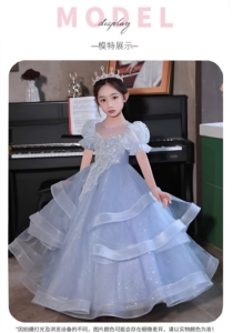 儿童大码胖女孩重工礼服公主裙蓝色泡泡袖生日蓬蓬纱成人礼演出服