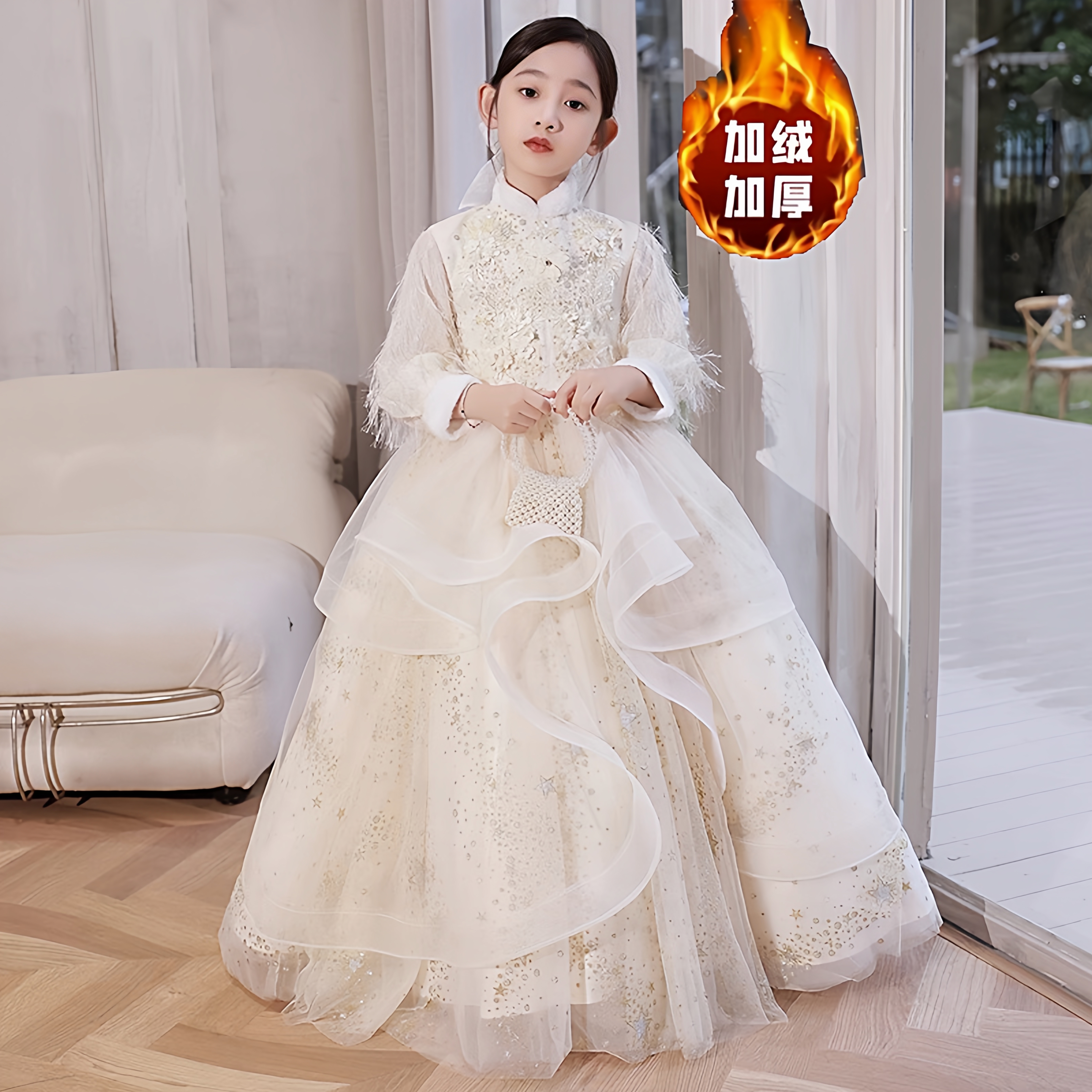 加肥加大码蓬蓬纱公主裙2025女童加绒加厚花童生日小主持人童礼服