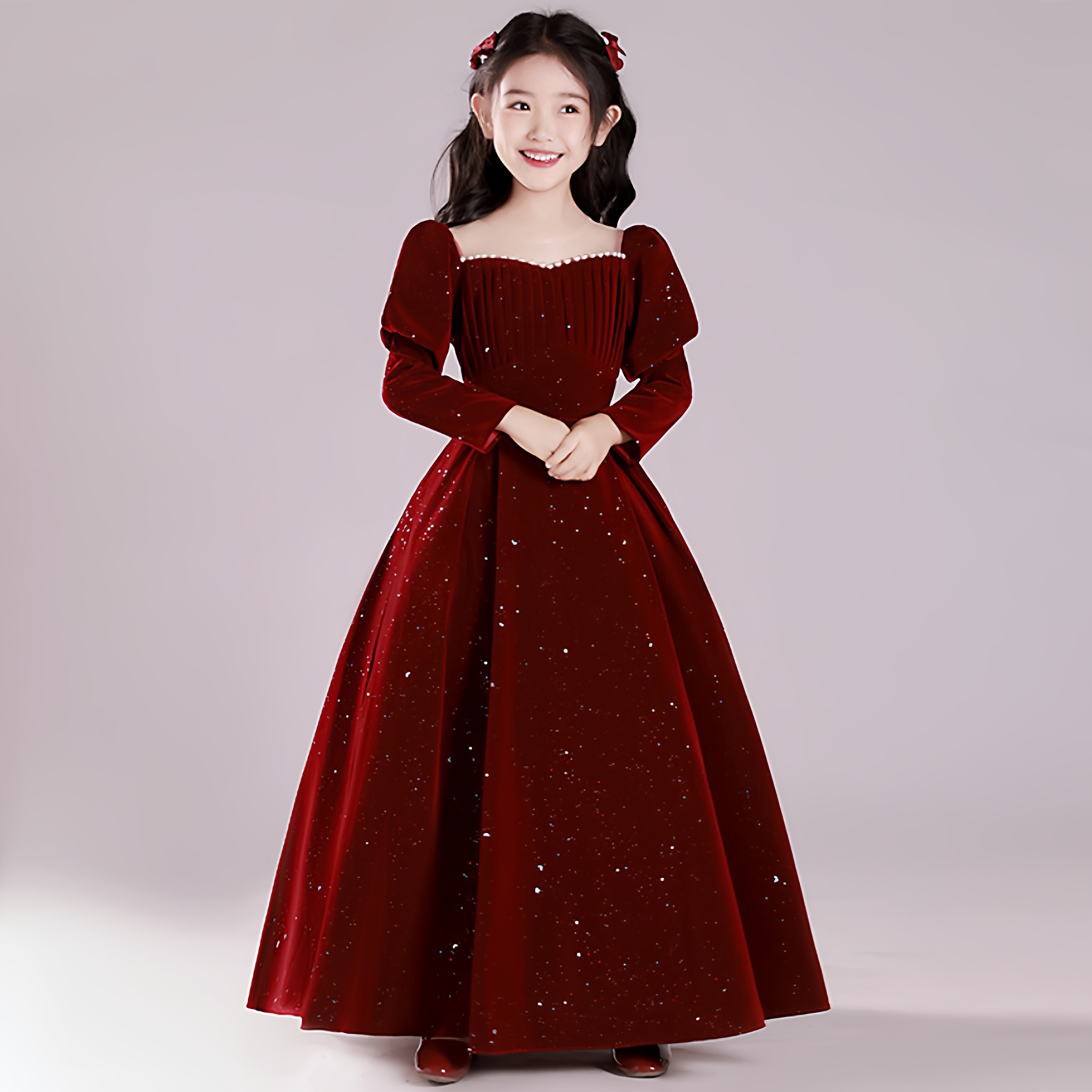 加肥加大酒红色丝绒礼服秋冬小提琴演奏长袖女童公主裙钢琴演出服