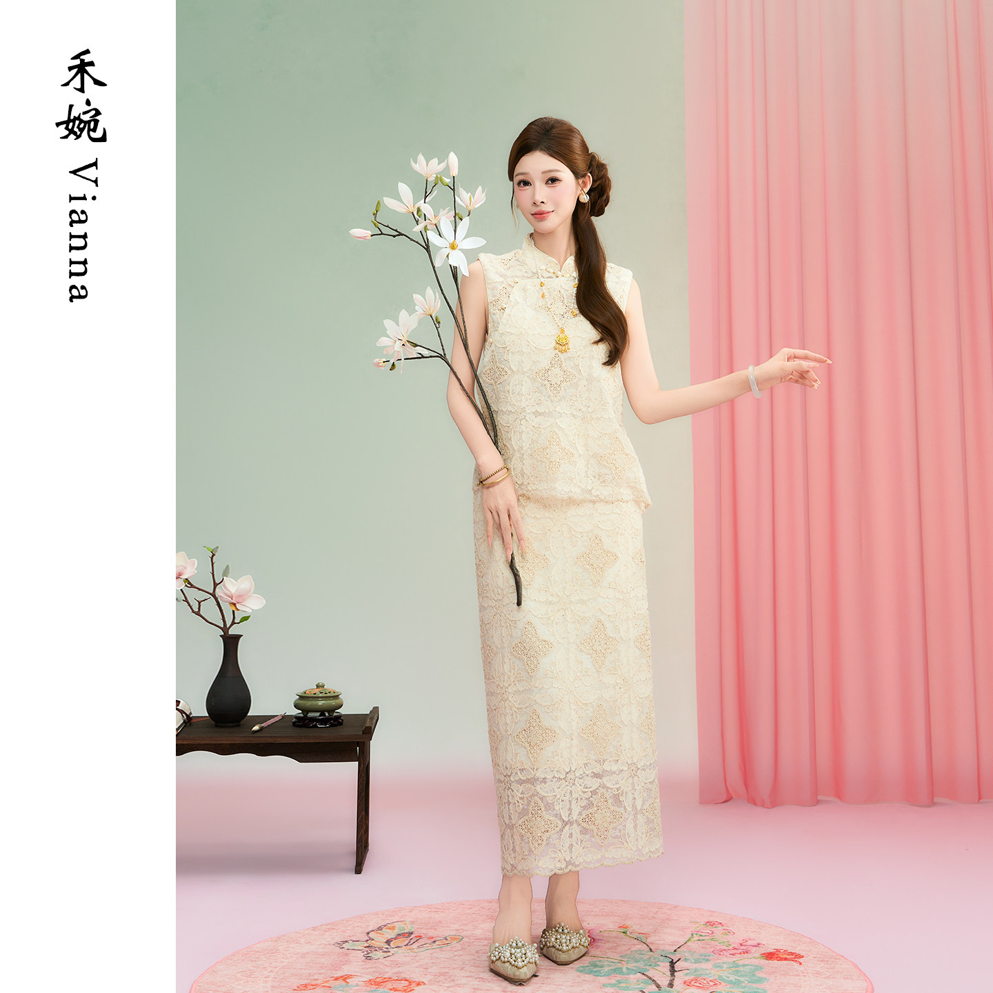 禾婉【玉粉菱花】新中式套装女夏季重工蕾丝提花无袖立领马甲半裙