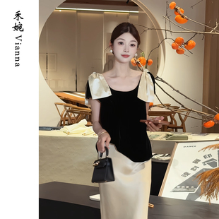禾婉【云织】“100桑蚕丝”真丝丝绒T恤女方领时尚撞色拼接小衫夏